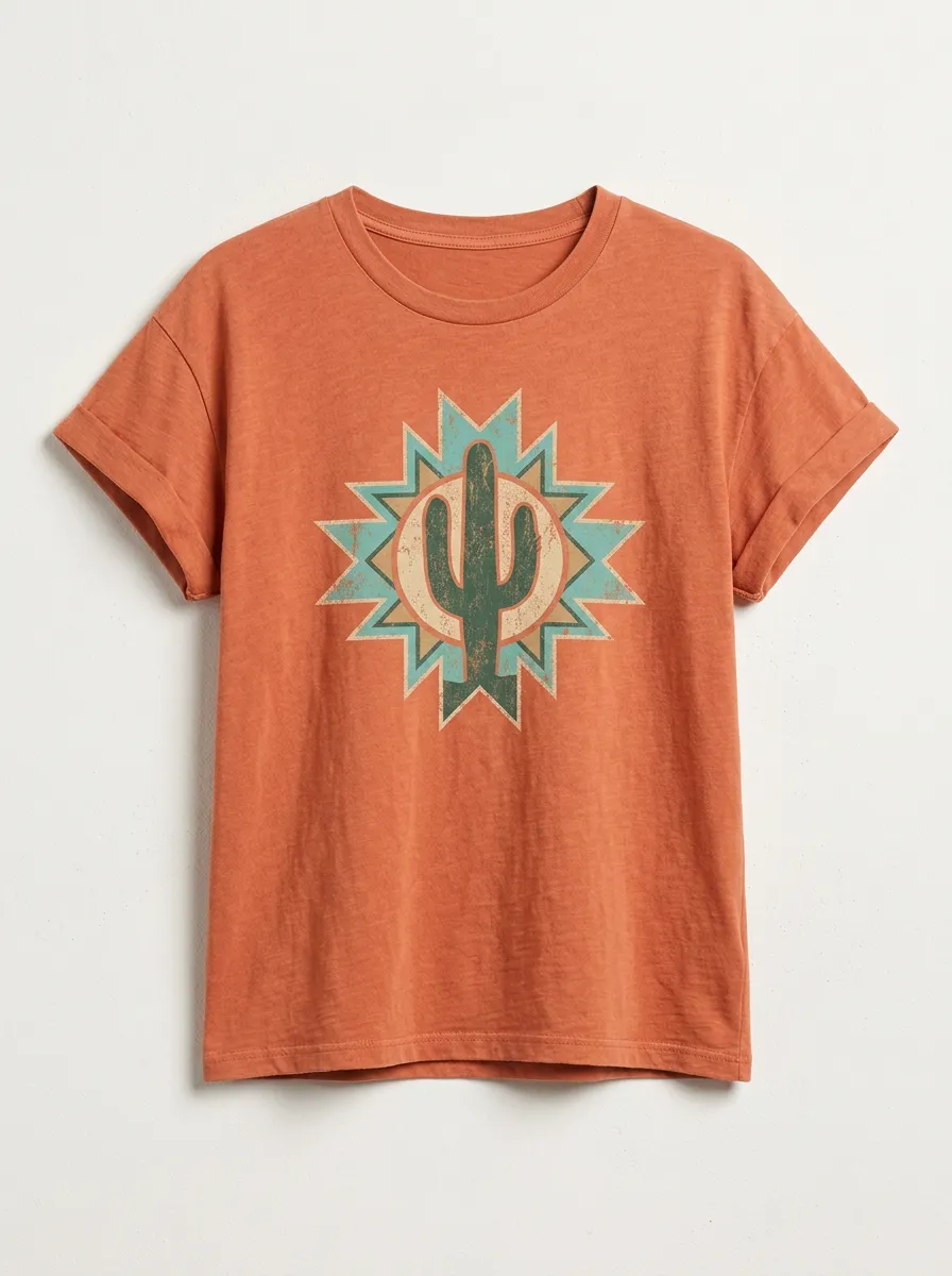 Women's Desert Cactus Lover Geometric Sun Printed T-shirt