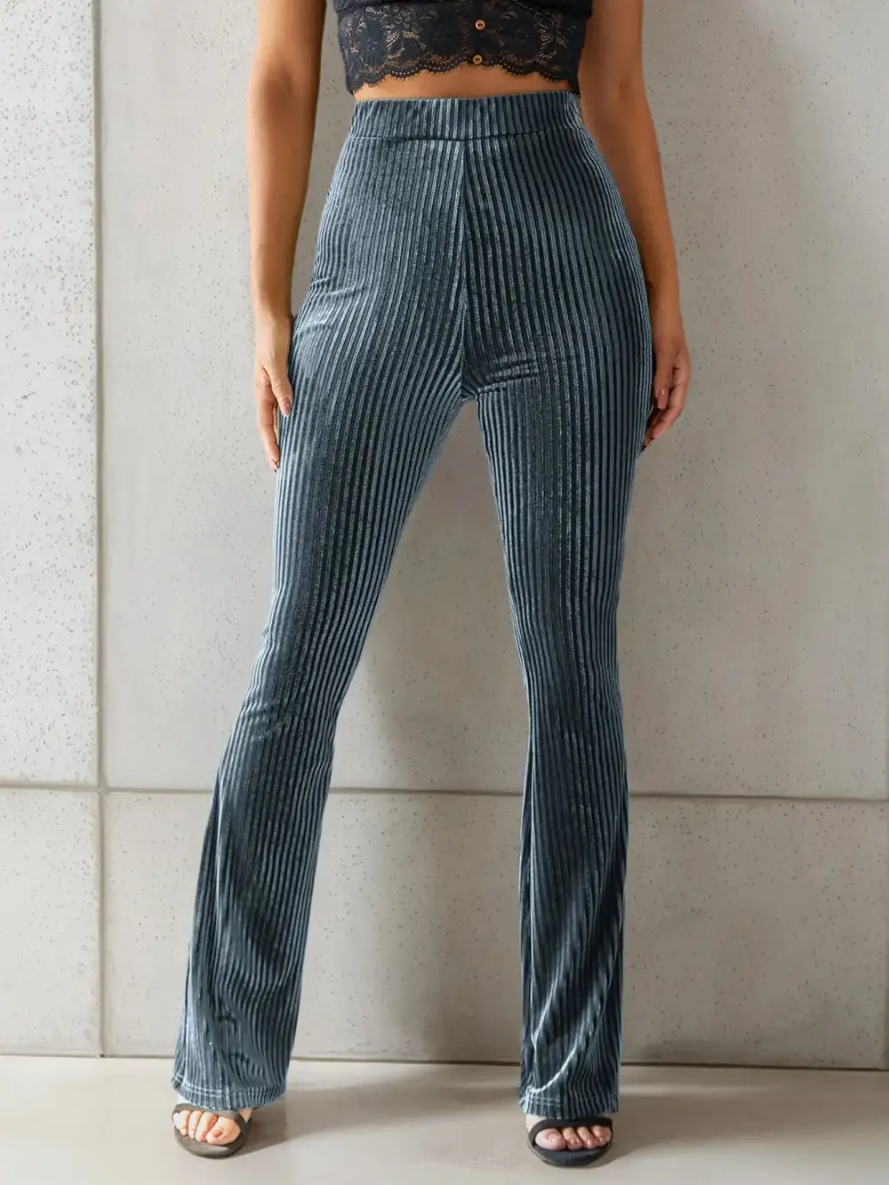 High Waist Ribbed Velvet Flare Pants