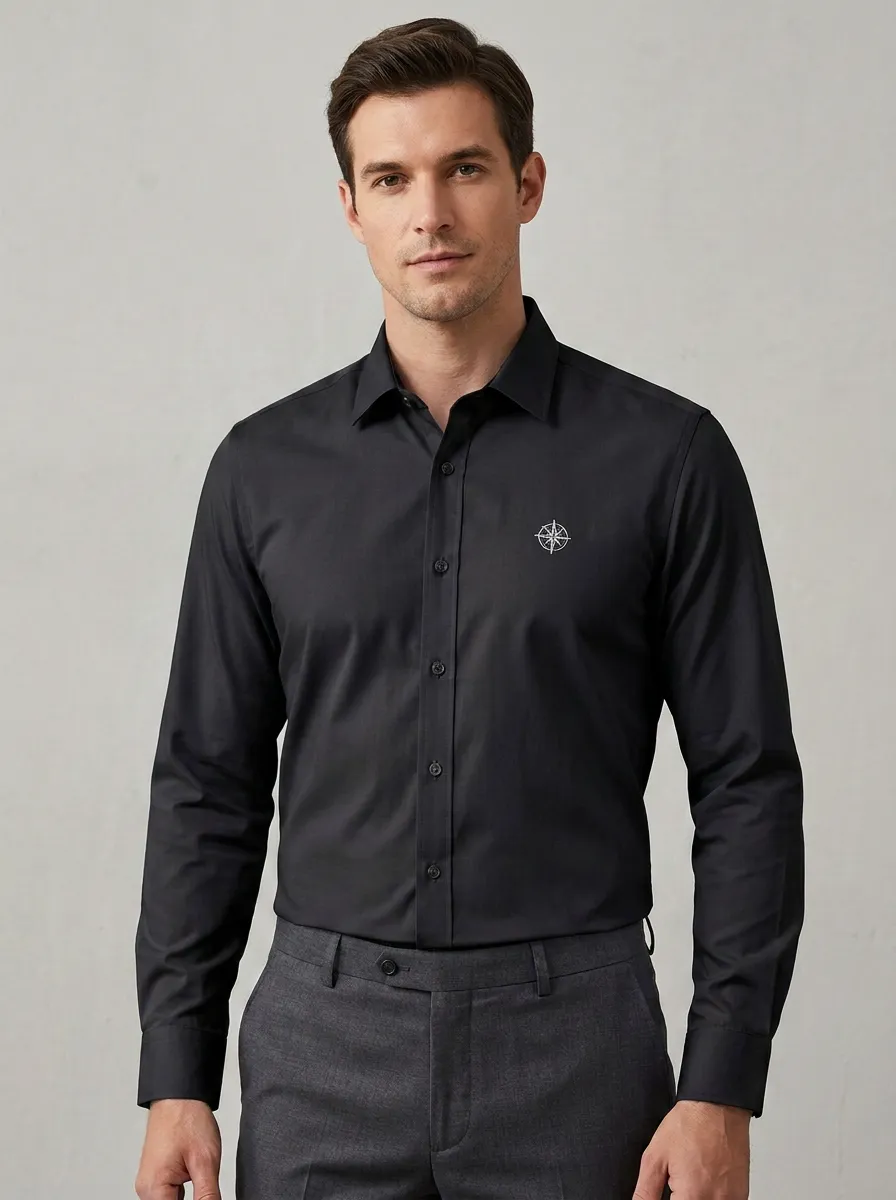 Men's Non-Iron Cotton Compass Embroidered Long Sleeve Shirt