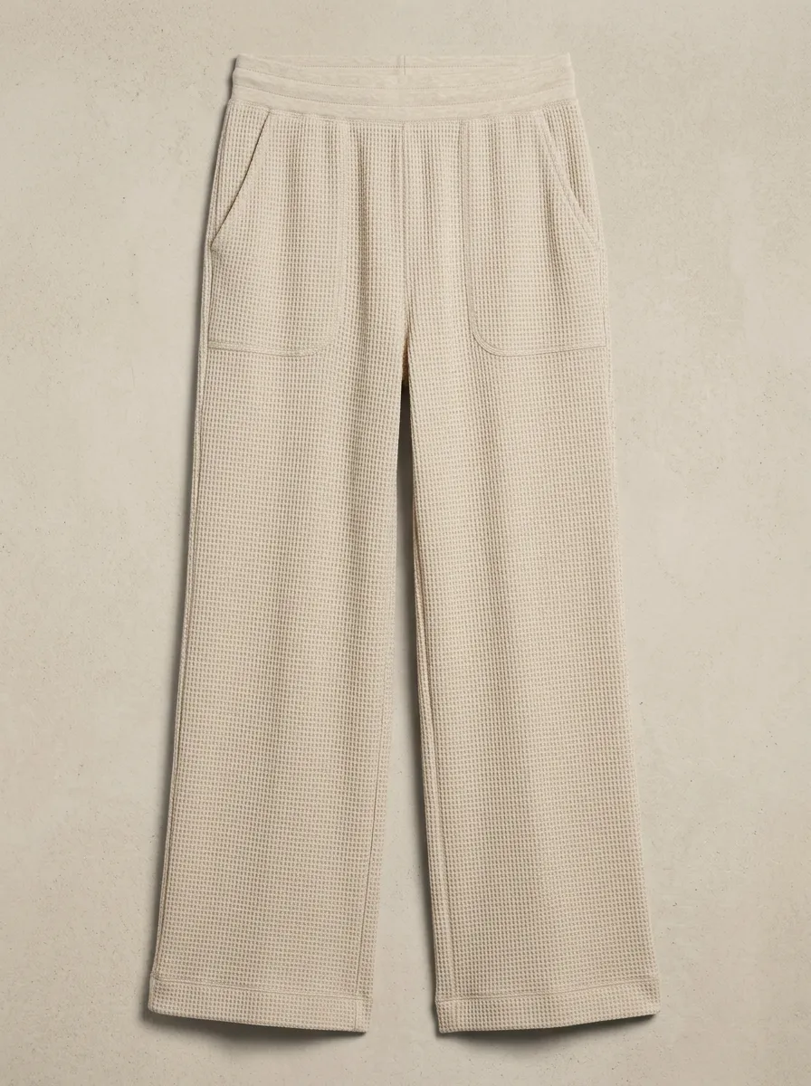 Unisex Casual Lounge Beige Waffle Knit Wide Leg Pants for Casual Wear