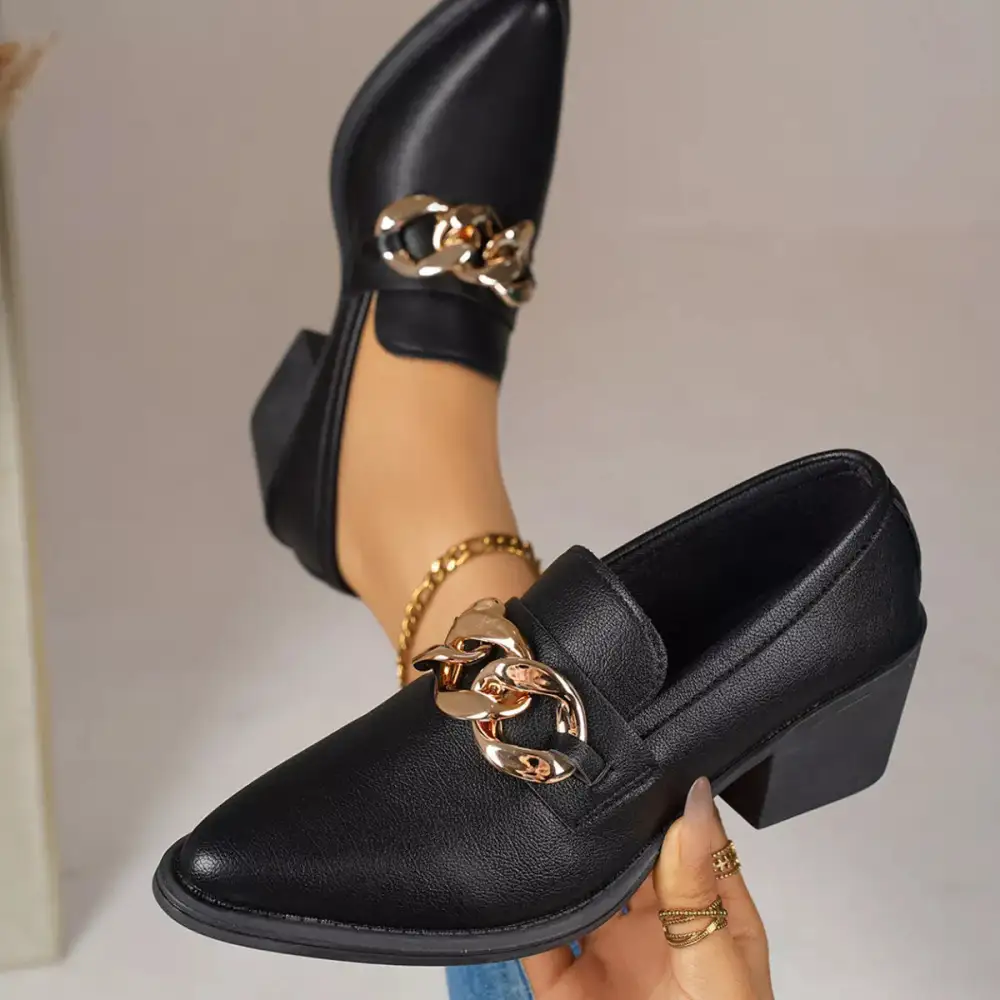 Textured Pointed Toe Block Heel Loafers