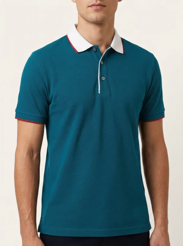 Men's Navy Blue Contrast White Collar Red Trim Polo Shirt