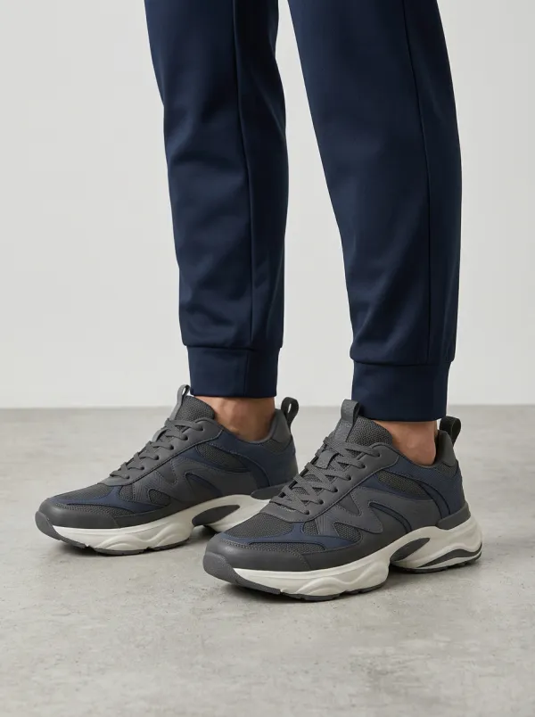 Men's Charcoal & Navy Paneled Chunky Sneakers