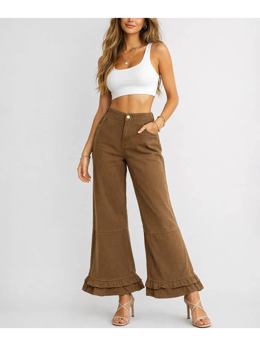 Ruffle Hem Jeans Elastic Waist Wide Leg Denim Pants
