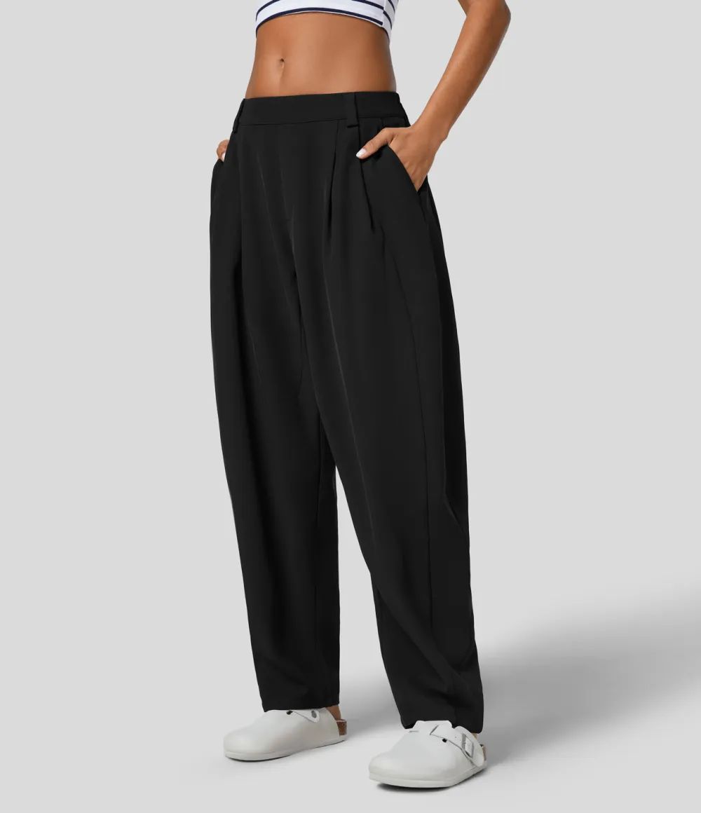 Mid Rise Plicated Side Pocket Barrel Leg Work Pants