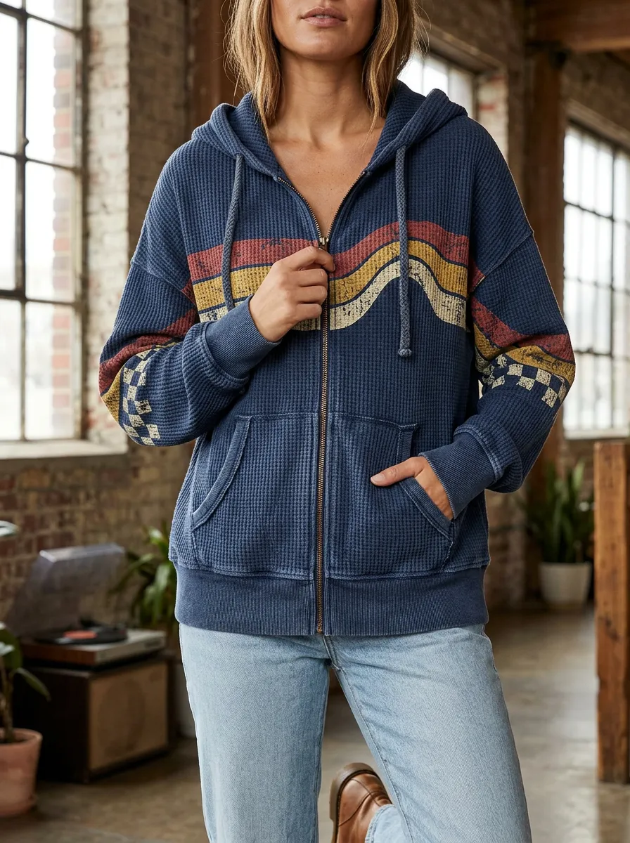 Women's Retro Wave Checkerboard Printed Waffle Knit Zip Hoodie