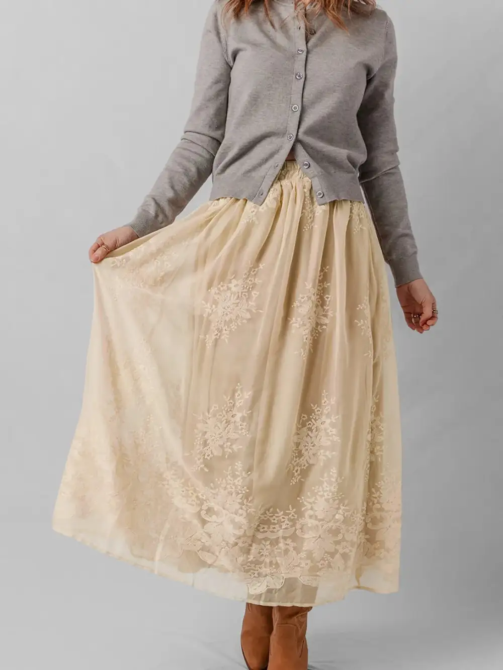 Mesh Overlay Lace Detail Embroidered Midi Skirt