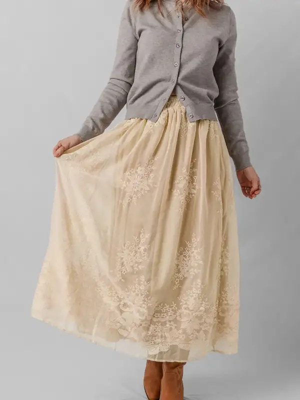Mesh Overlay Lace Detail Embroidered Midi Skirt