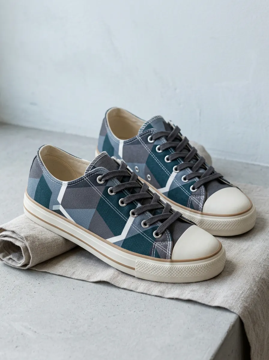 Men's Geometric Pattern Dark Blue Printed Canvas Shoes