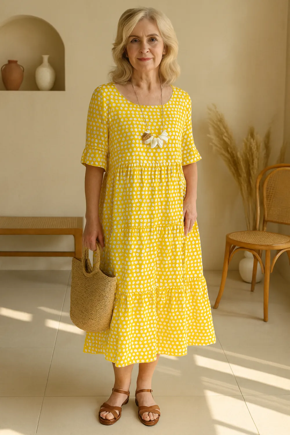  Short Sleeve Polka Dot Midi Dress
