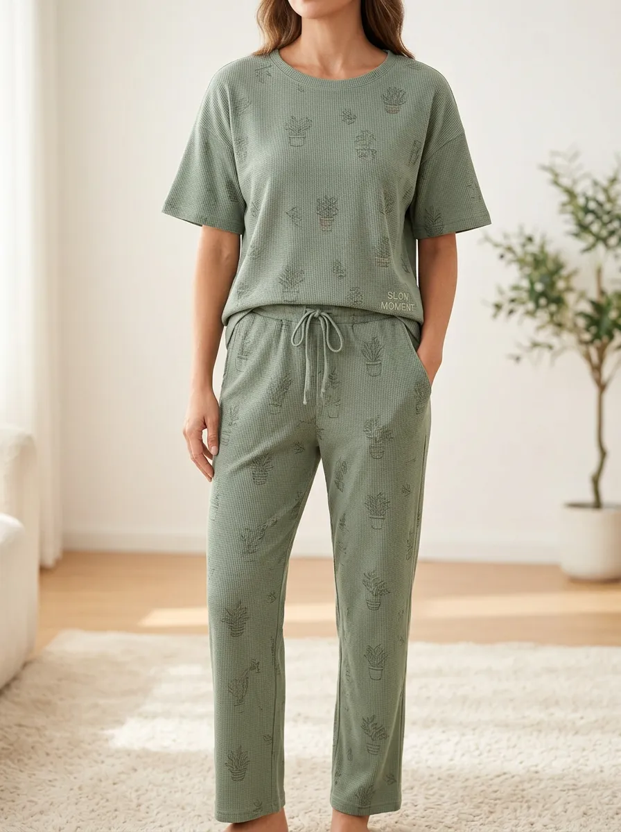 Plant Lover Potted Cactus Printed Waffle Knit Lounge Set