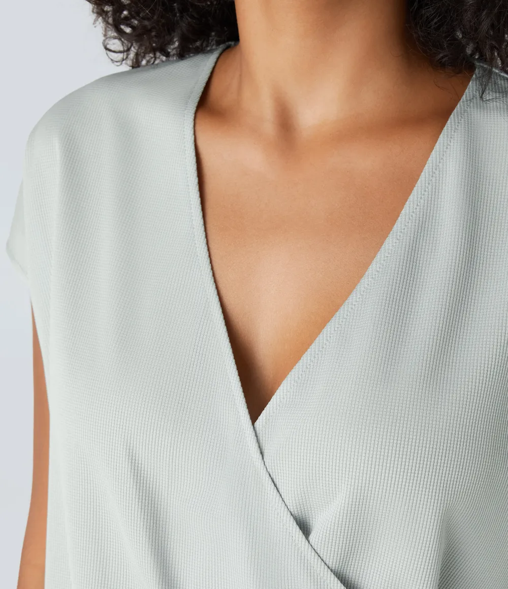 V Neck Short Sleeve Pocket Waffle Casual Romper