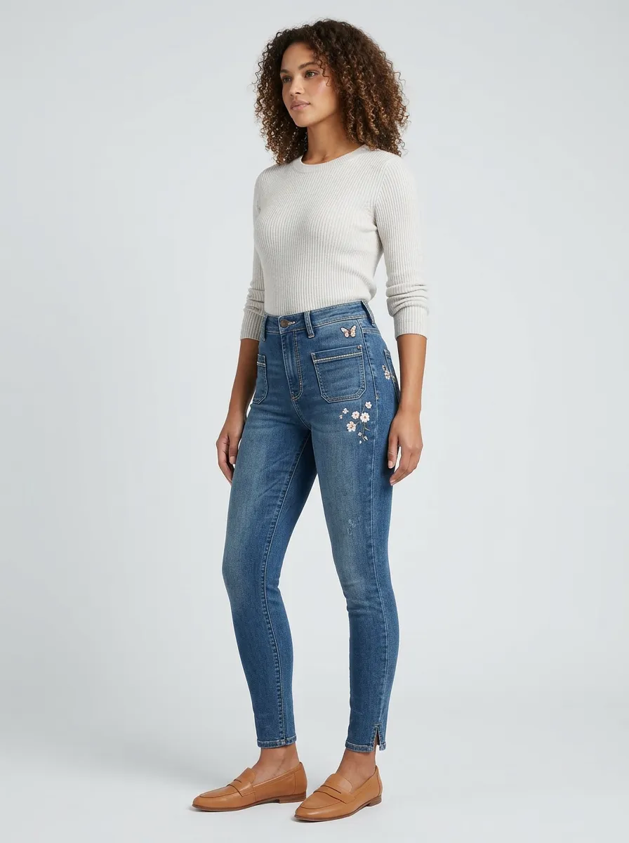 Women's Butterfly Floral Embroidered Printed Slim Jeans