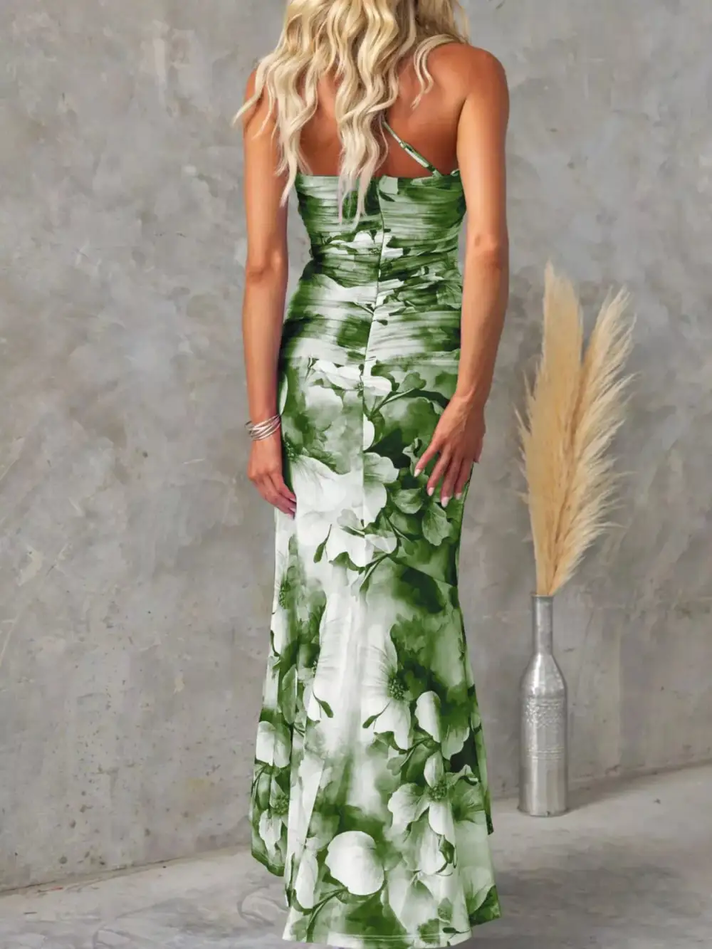 Casual Floral Print One Shoulder Ruched Maxi Dress