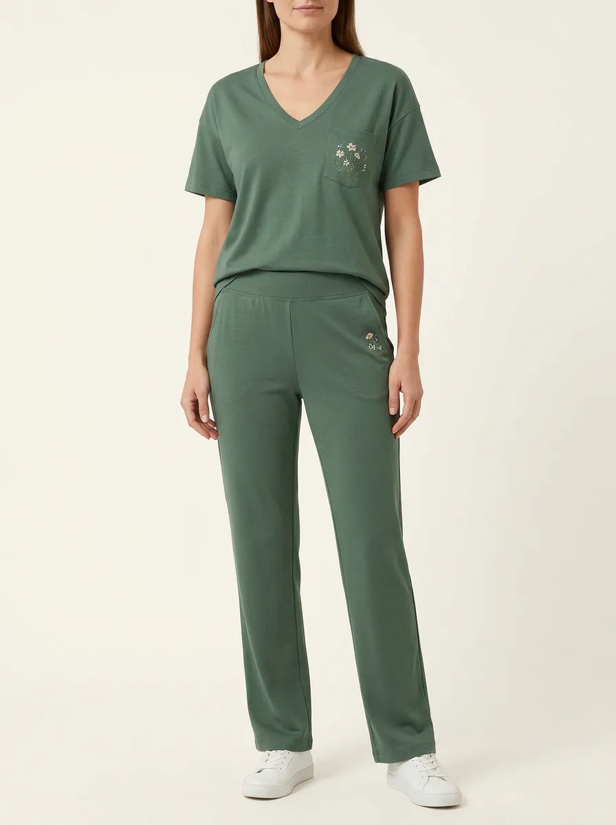 Women's Floral Embroidered V-Neck T-Shirt and Straight-Leg Pants Set