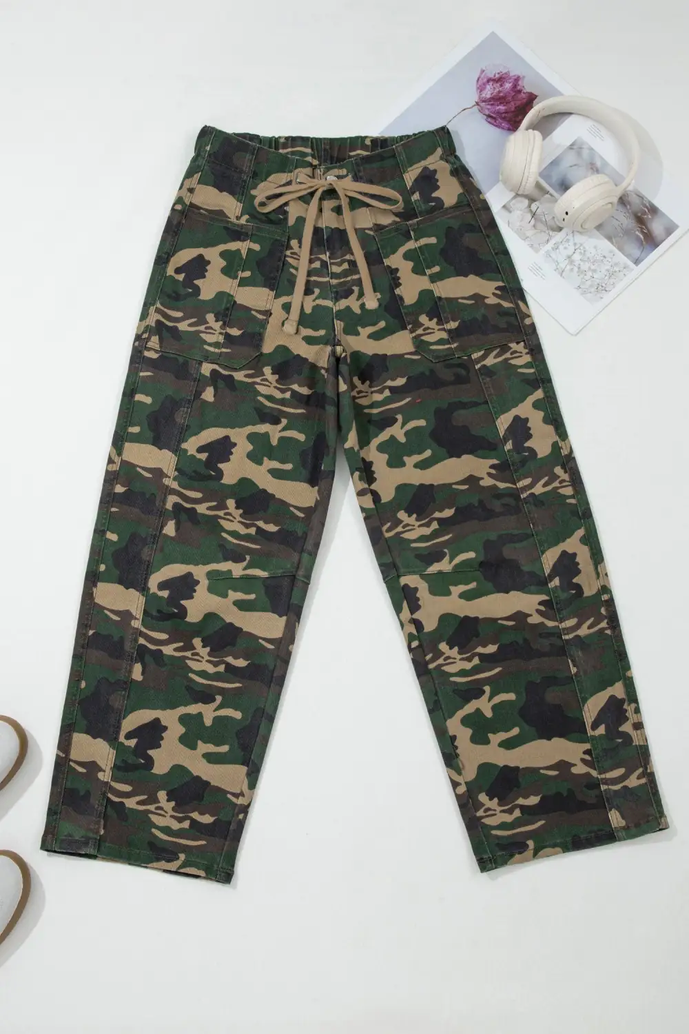 Women's Camouflage Print Drawstring Patch Pocket Ankle Length Jeans