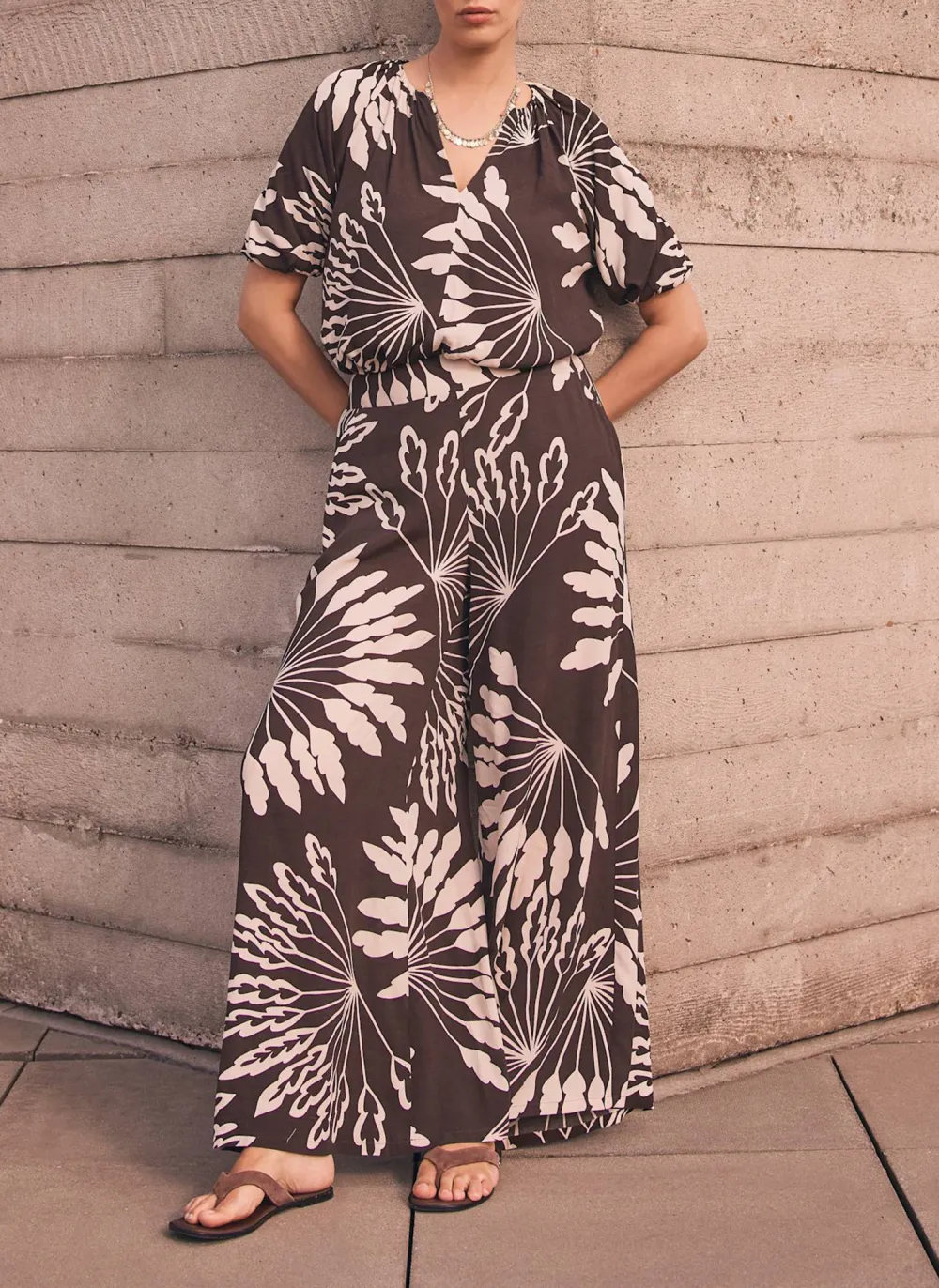 Casual Style Brown Palm Print Wide Trousers