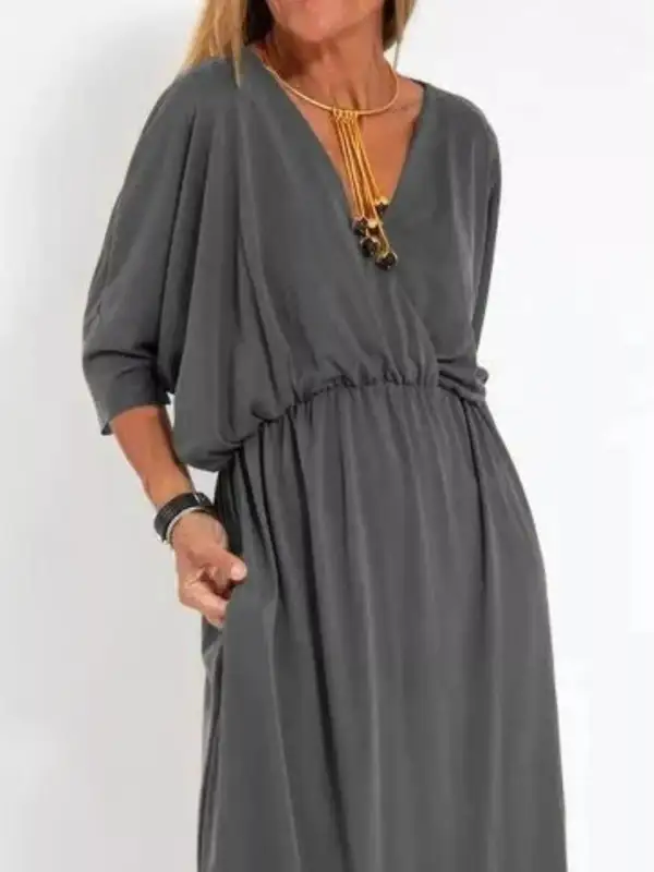 Full Size V Neck Batwing Sleeve Maxi Dress With Side Slits Plus Size