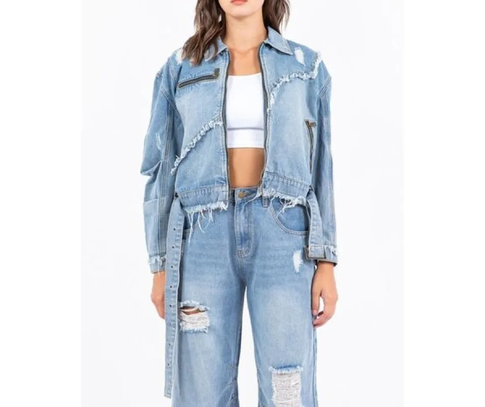 Plus Size Distressed Frayed Edge Zip-Up Denim Jacket