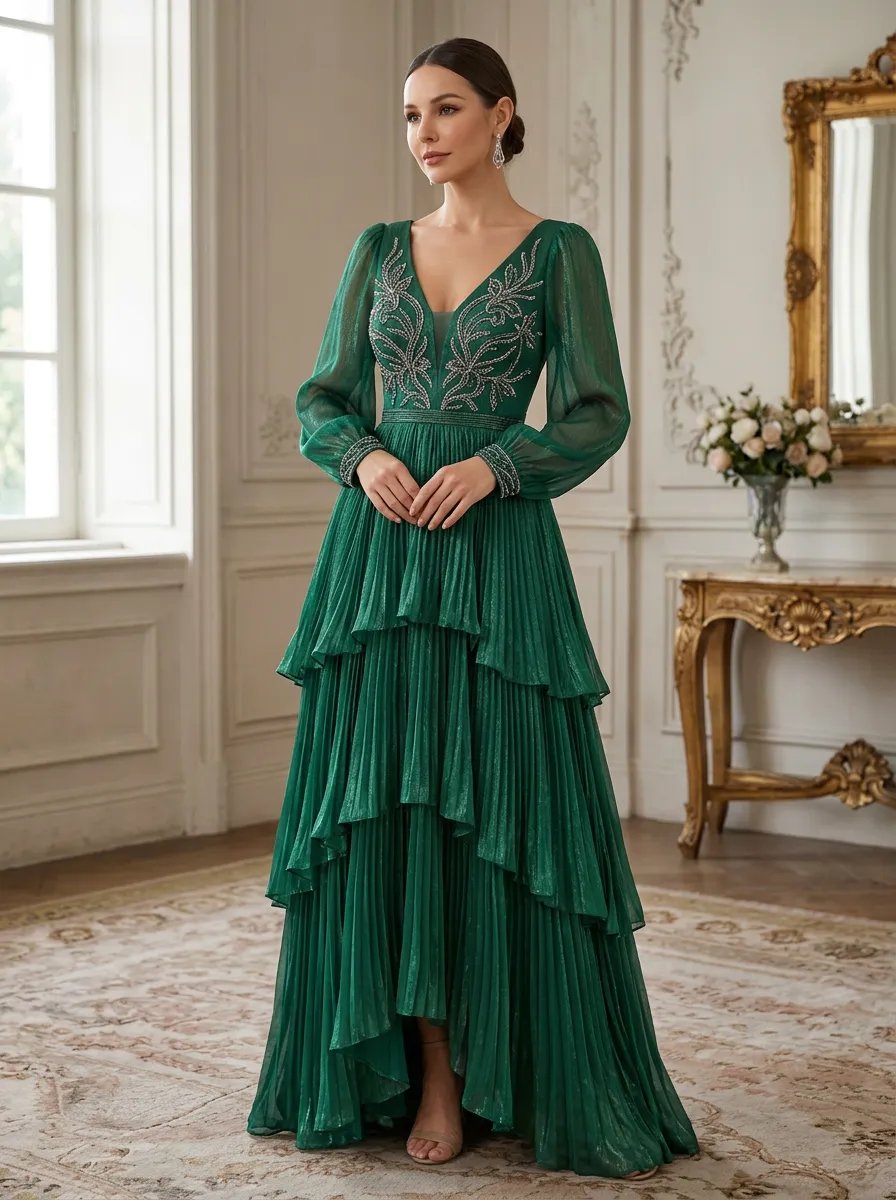 Women's Floral Beaded Pleated Tiered Maxi Evening Gown