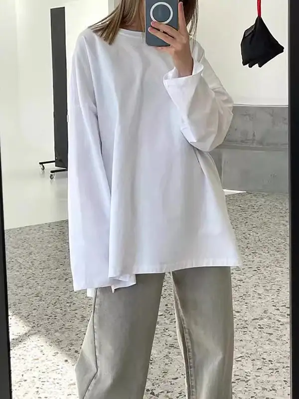 High Low Long Sleeve Panel Detail Side Slit Round Neck T-Shirt