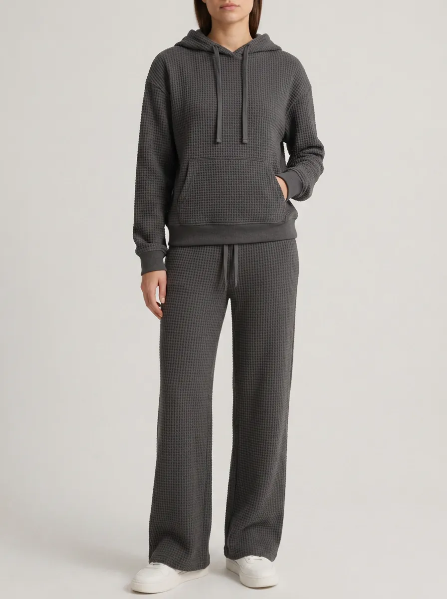 Women's Modern Charcoal Waffle Knit Textured Pullover Hoodie