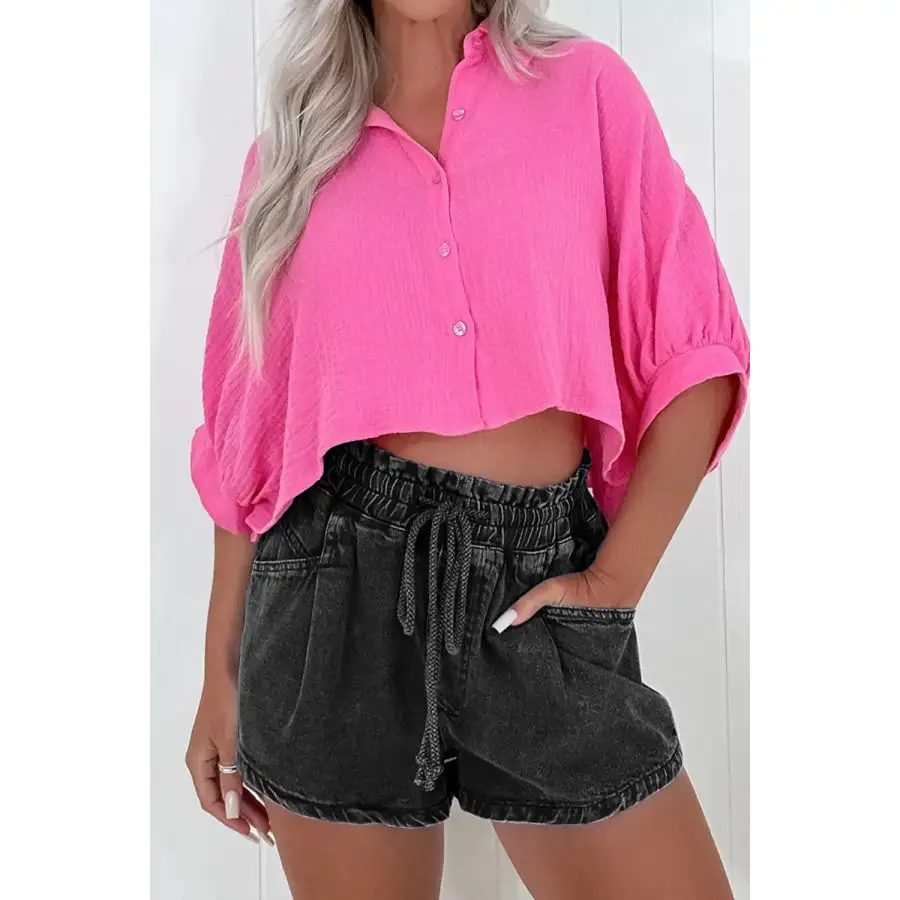 Refined Drawstring High Waist Denim Shorts with Pockets