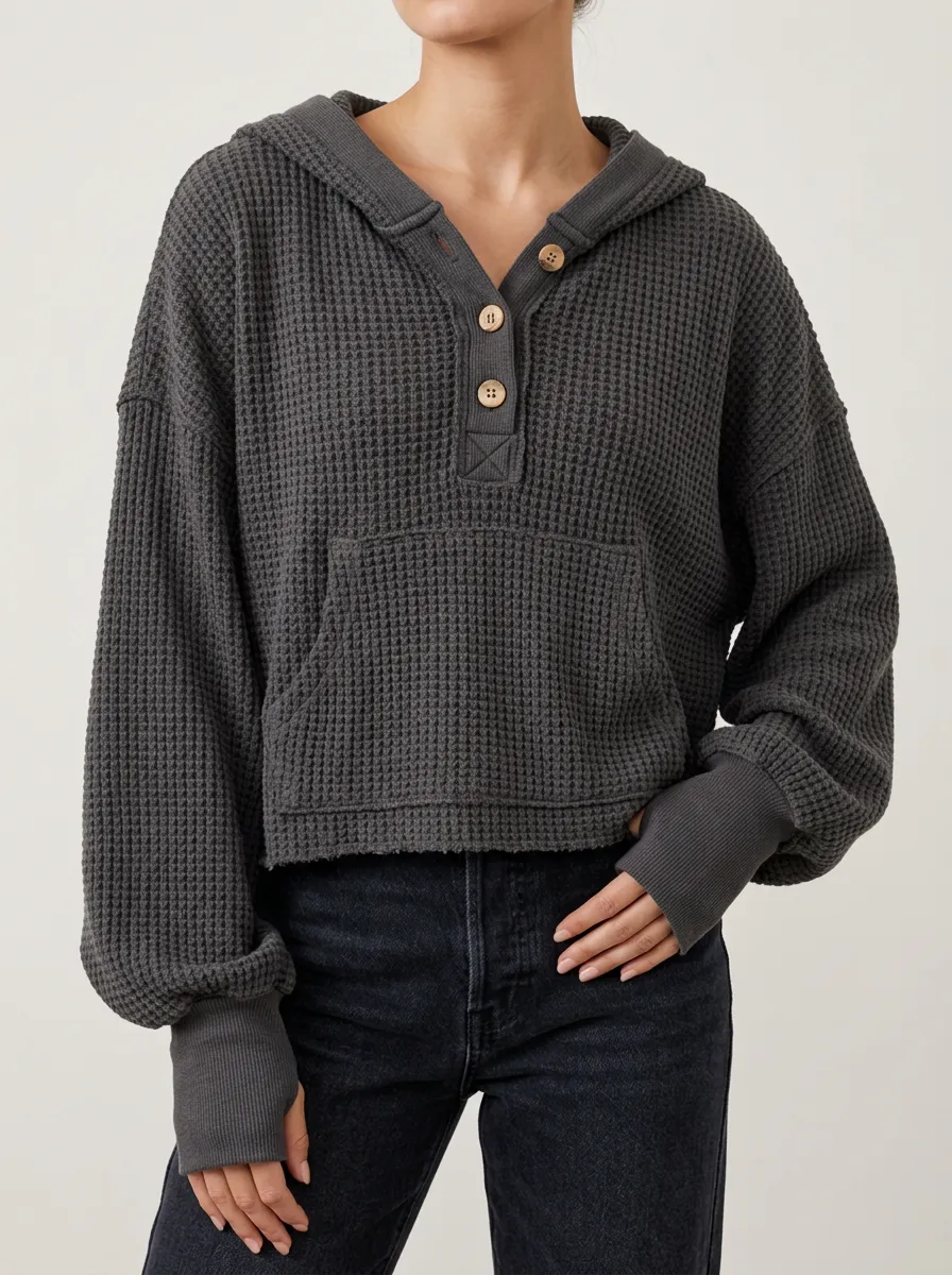 Women's Casual Waffle Knit Button Up Hooded Top