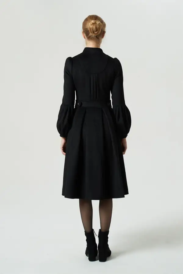 Wool Blend Fit and Flare Pocketed Midi Coat