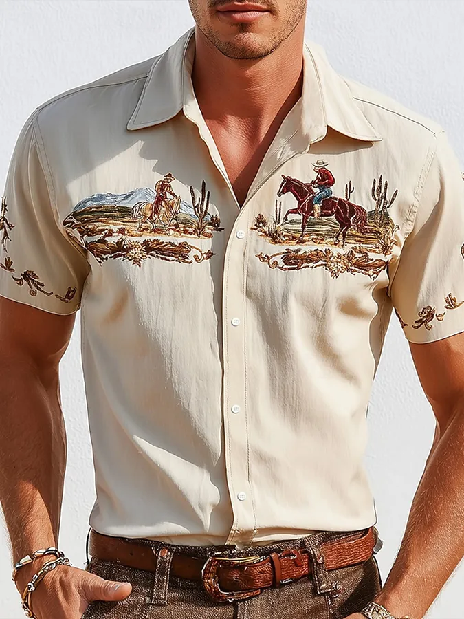 Men's Western Cowboy Horse Embroidered Short Sleeve Shirt