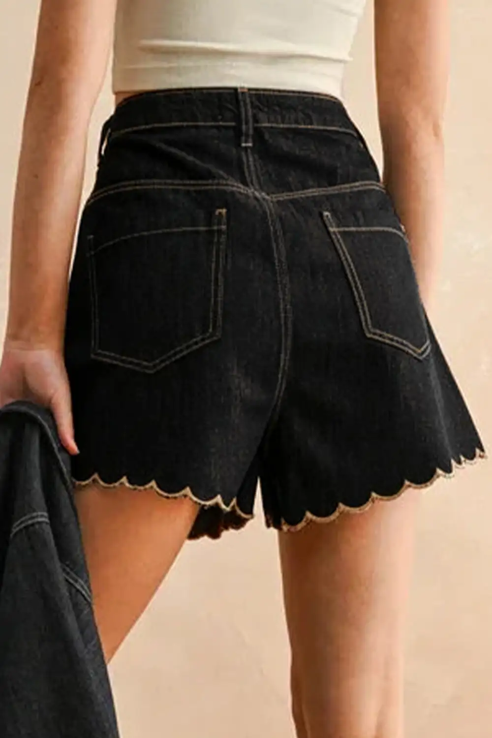 Embroidered Scalloped Trim Relaxed Denim Shorts