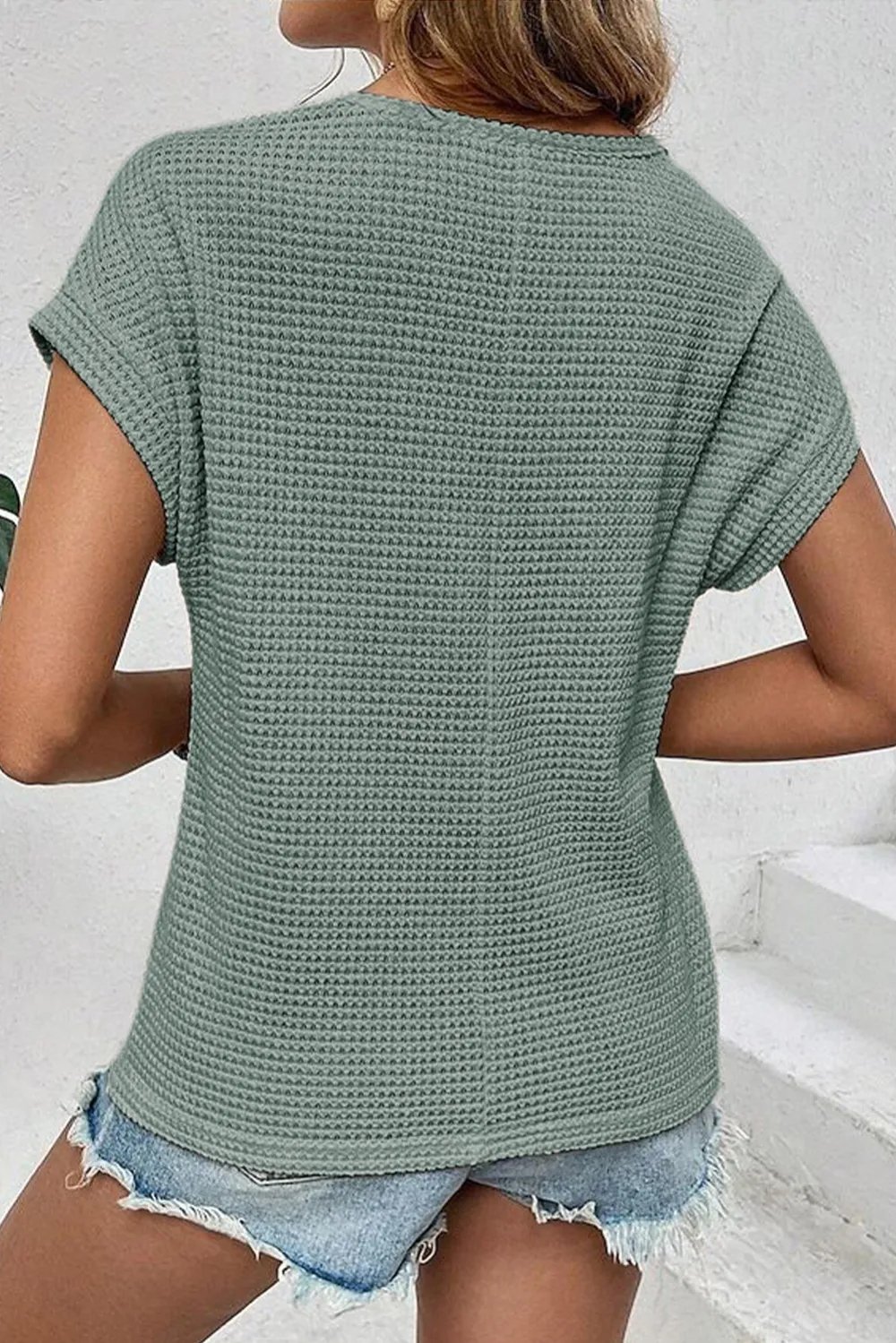 Mist Green Lace Patchwork Waffle Top