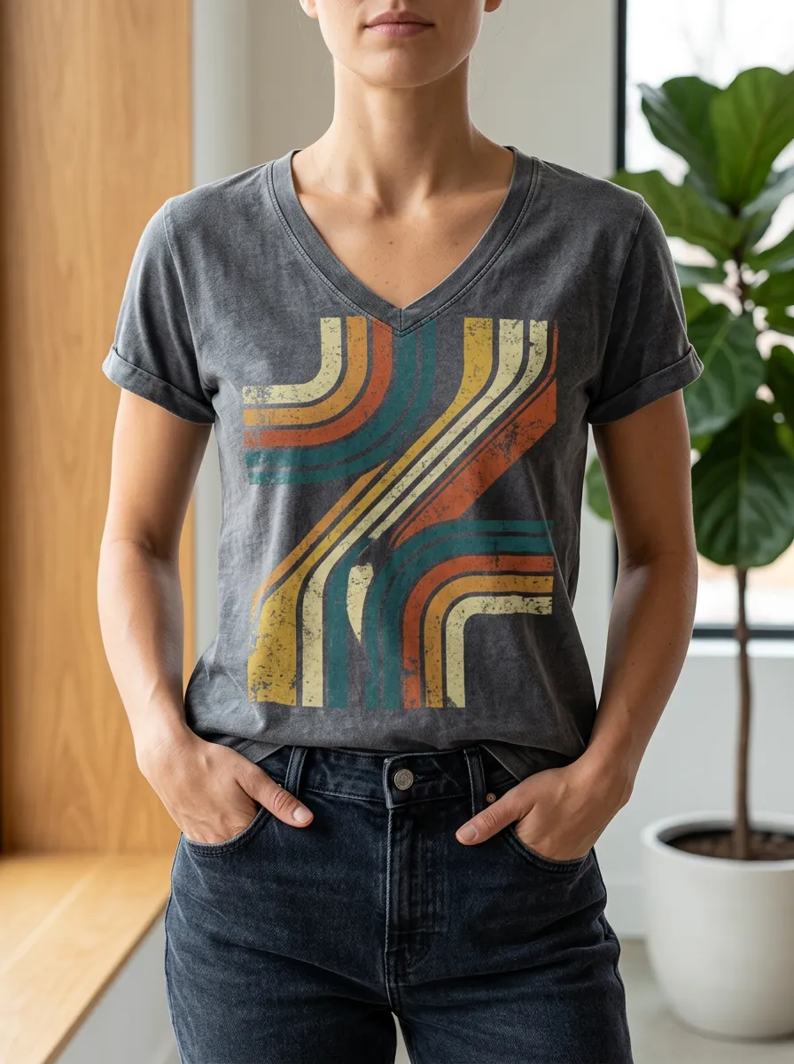 Women's Retro 70s Style Vintage Striped Printed V-Neck T-Shirt