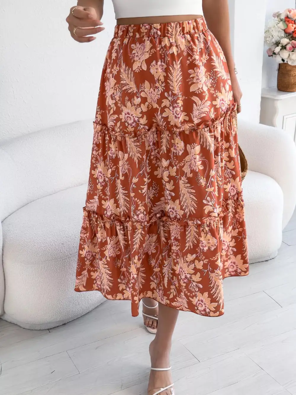 Print Ruffle Hem Flowy Midi Skirt