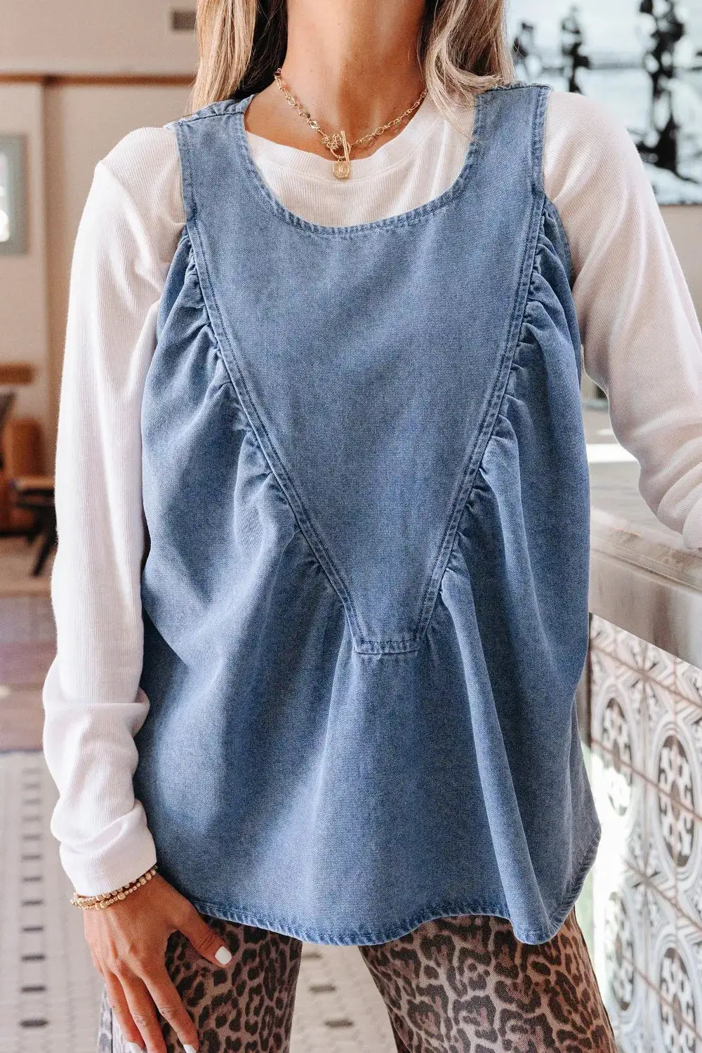 Denim Pleated Patchwork Sleeveless Top