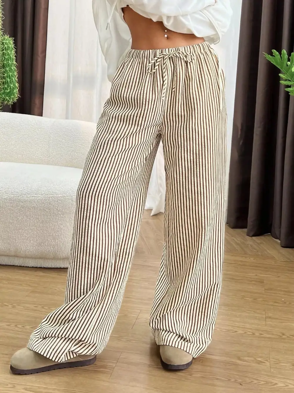 Wide Leg Drawstring Striped Pocketed Pants