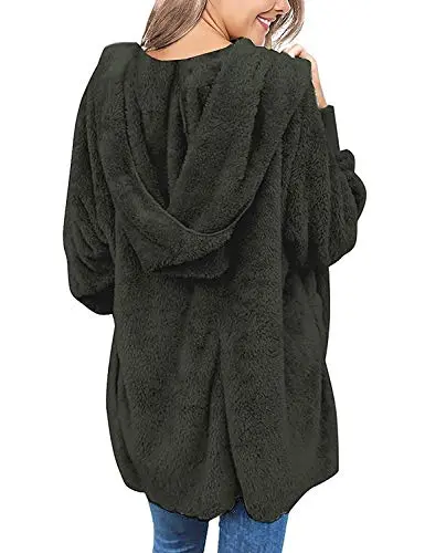 Womens Fuzzy Fleece Open Front Hooded Cardigan Jackets Sherpa Coat with Pockets