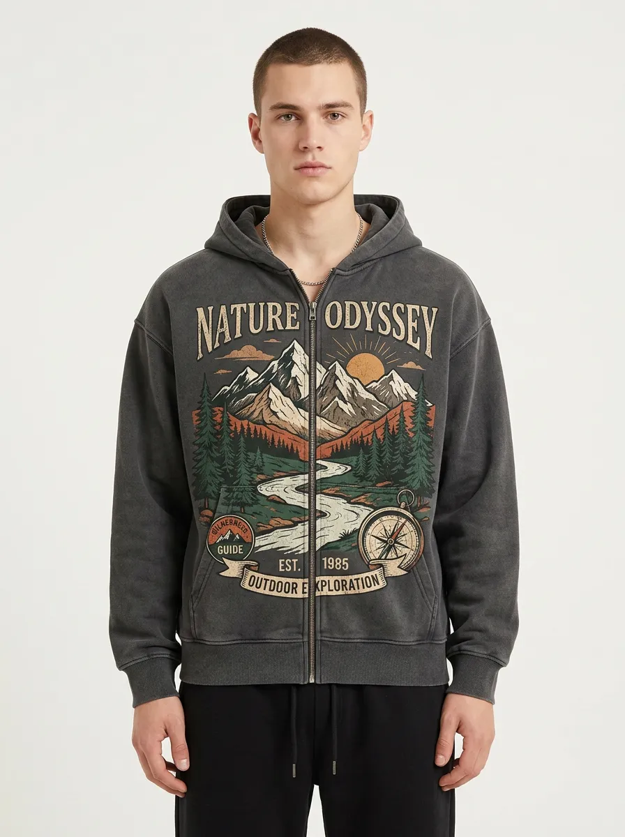 Men's Nature Odyssey Mountain Compass Printed Zip-up Hoodie