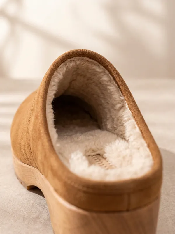 Women's Tan Woodgrain Platform Plush-Lined Lug Clogs