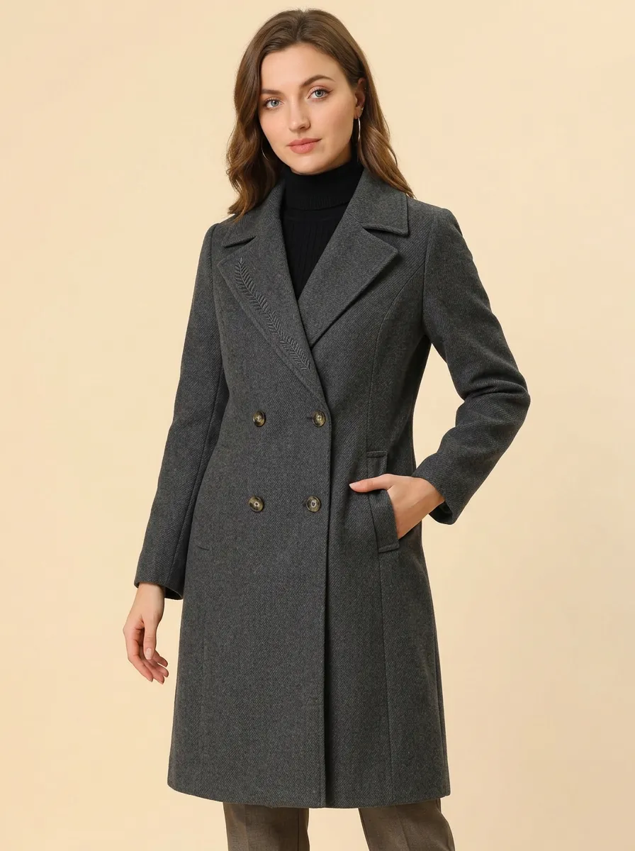 Women's Minimalist Leaf Embroidered Double-Breasted Wool Coat