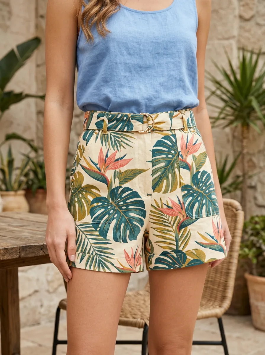 Women's Tropical Summer Botanical Monstera Printed Shorts