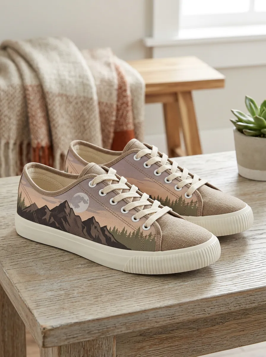 Men's Refined Nature Lover Mountain Forest Moon Patterned Canvas Shoes