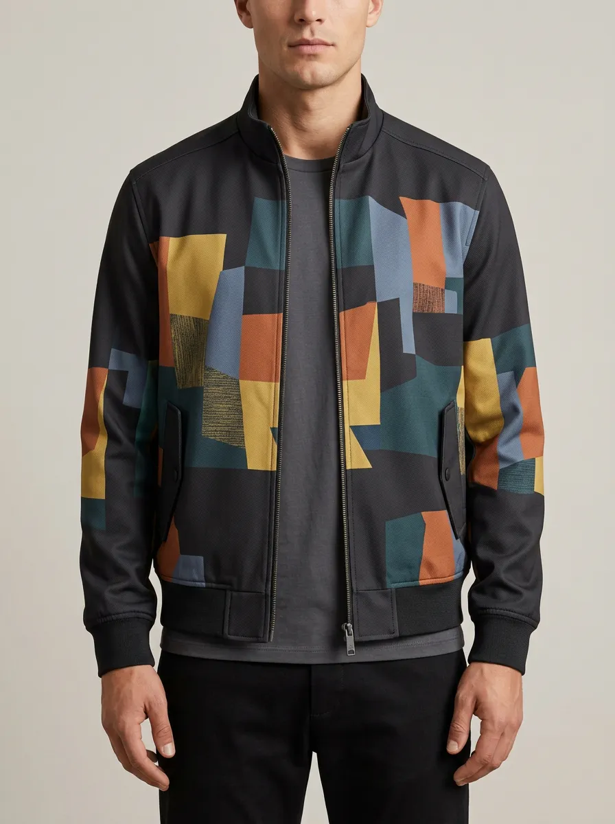 Geometric Print Stand Collar Welt Pockets Bomber Jacket