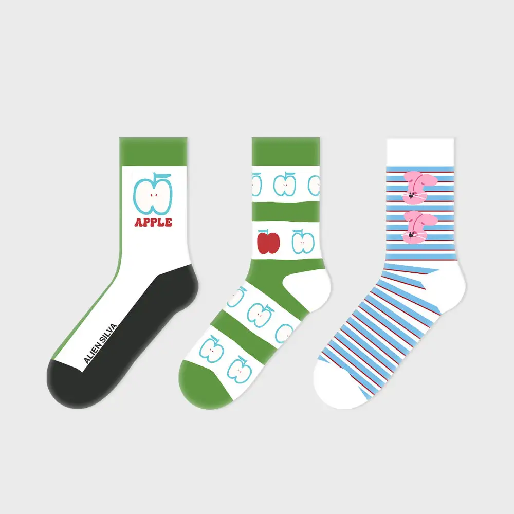 Playful Apple Bunny Pattern Crew Socks