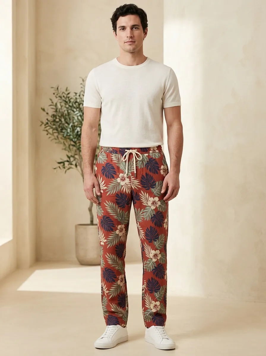 Men's Nature Inspired Hibiscus Leaf Printed Pants