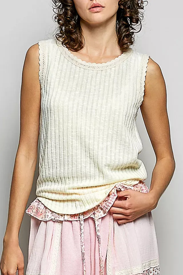 Refined Round-Neck Ribbed Lace-Trim Textured Tank Top