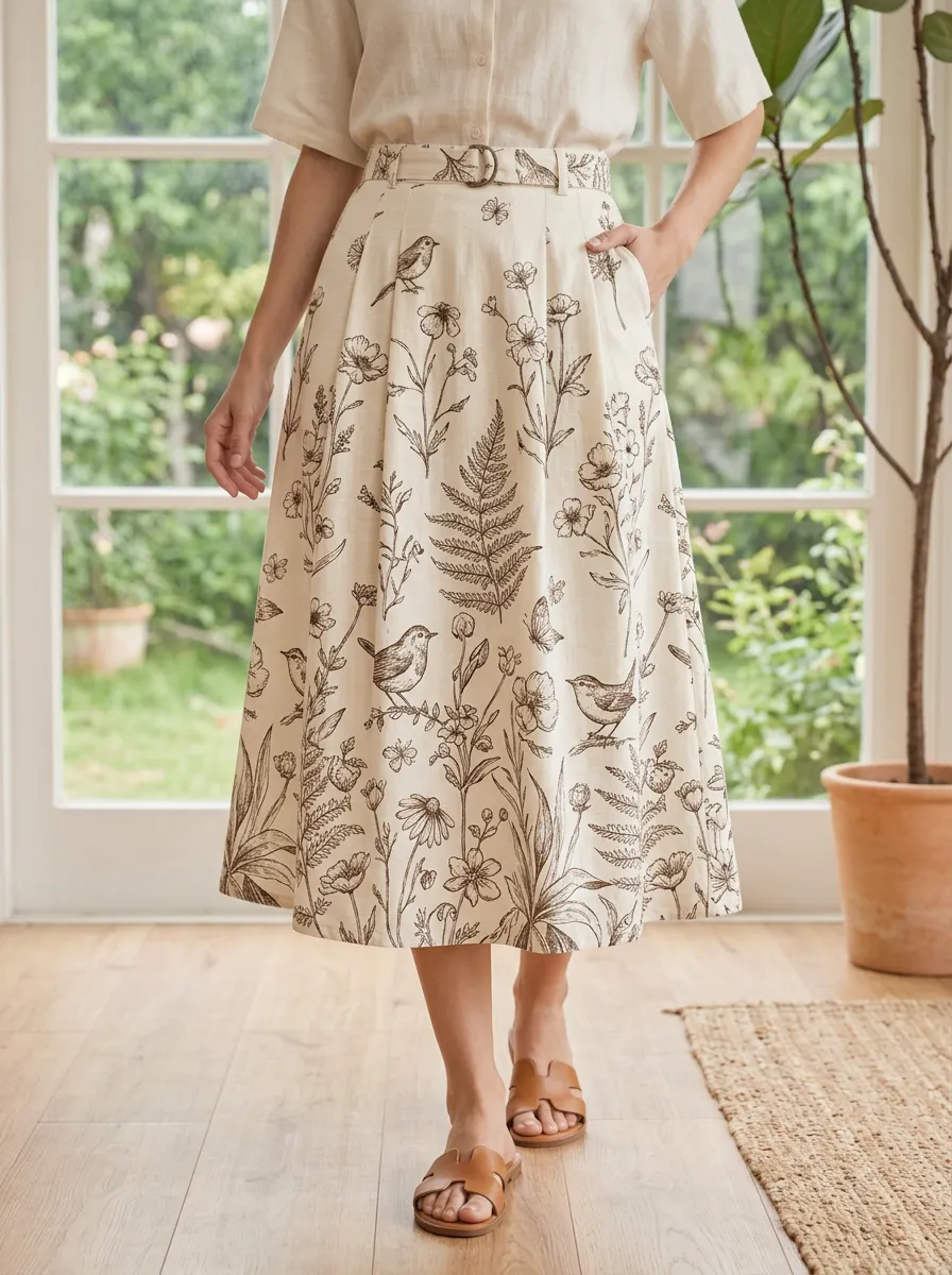 Women's Botanical Nature Lover Bird Floral Printed Midi Skirt
