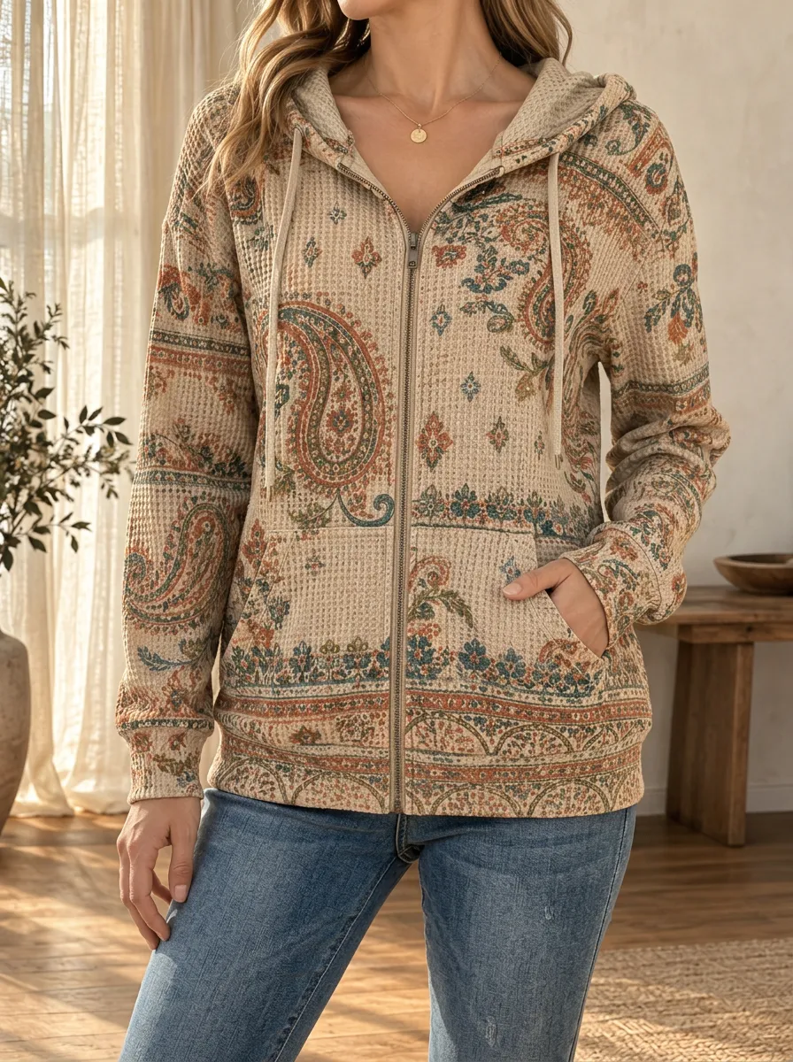 Women's Bohemian Paisley Waffle Knit Printed Zip-up Hoodie