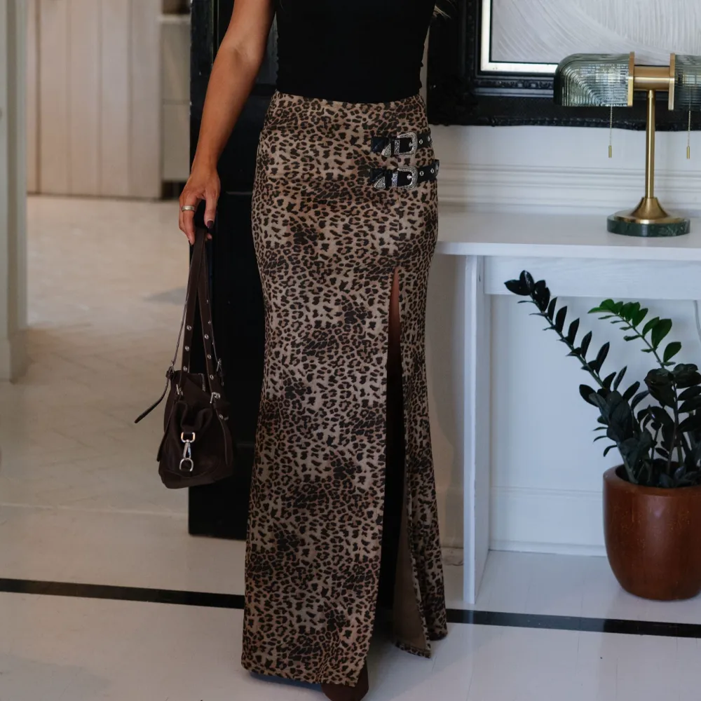 Leopard Print Faux Suede Buckle Waist Maxi Skirt