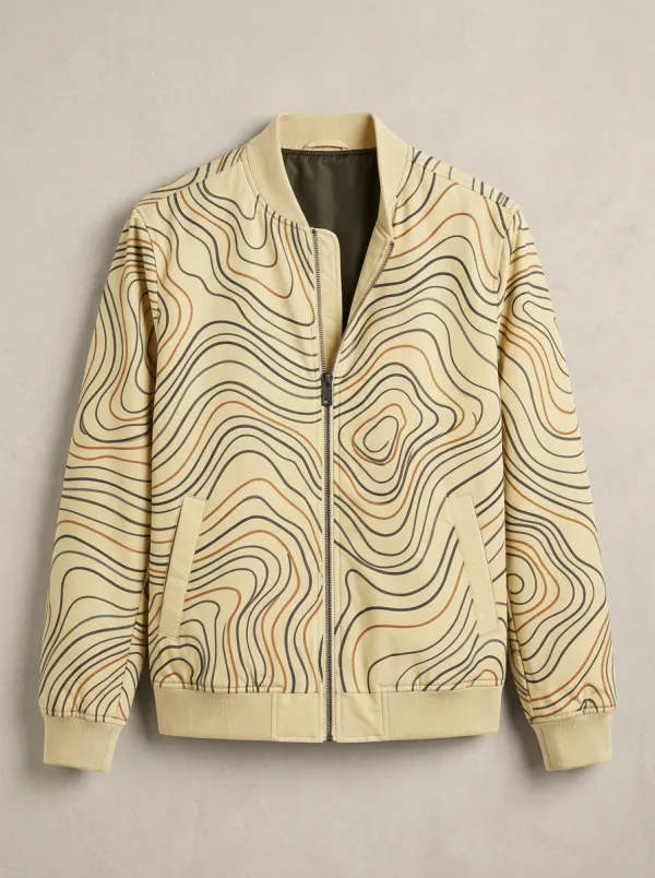 Topographic Print Ribbed Trim Welt Pockets Bomber Jacket